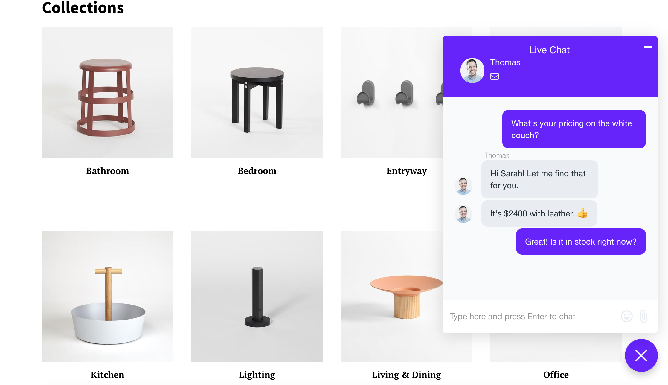 Example of website using Shopify live chat to connect to ecommerce customers.