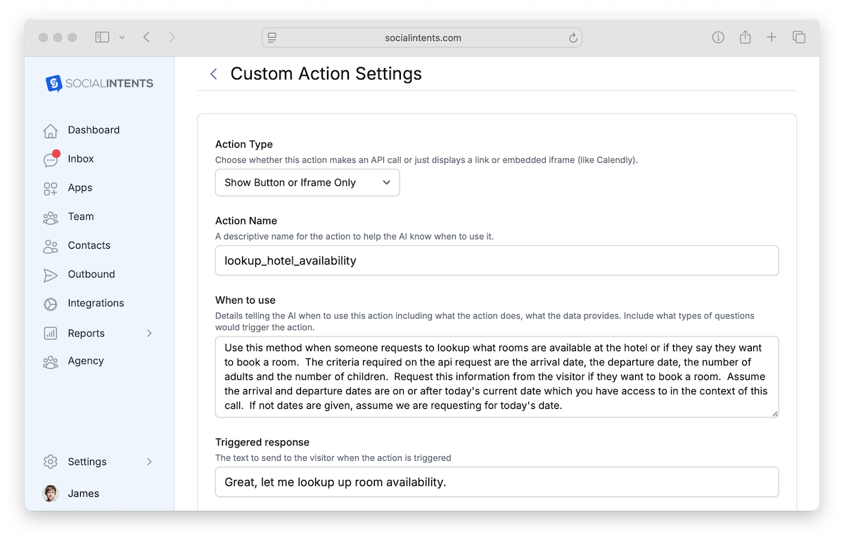 Custom Button AI Action configuration screen